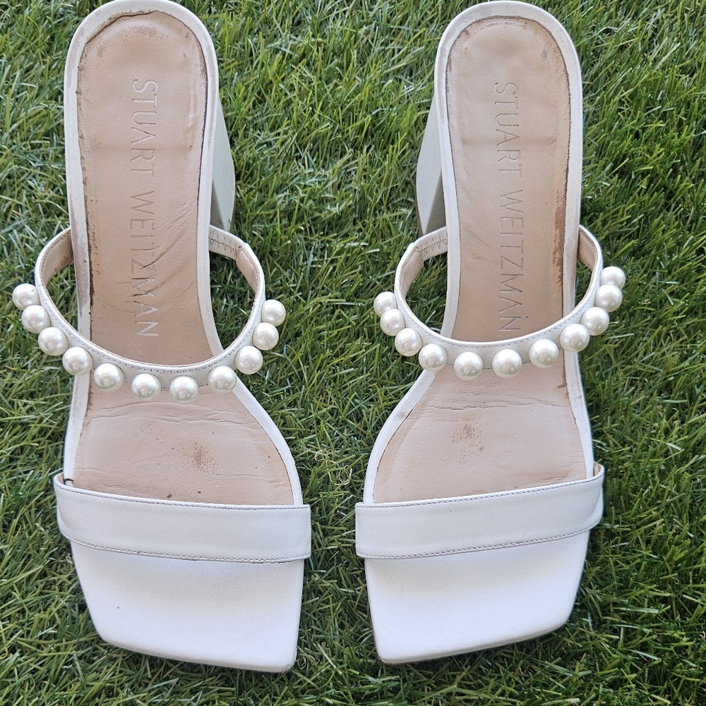 Stuart Weitzman Goldie 60 White Pearl-Embellished Block Heel Sandals
